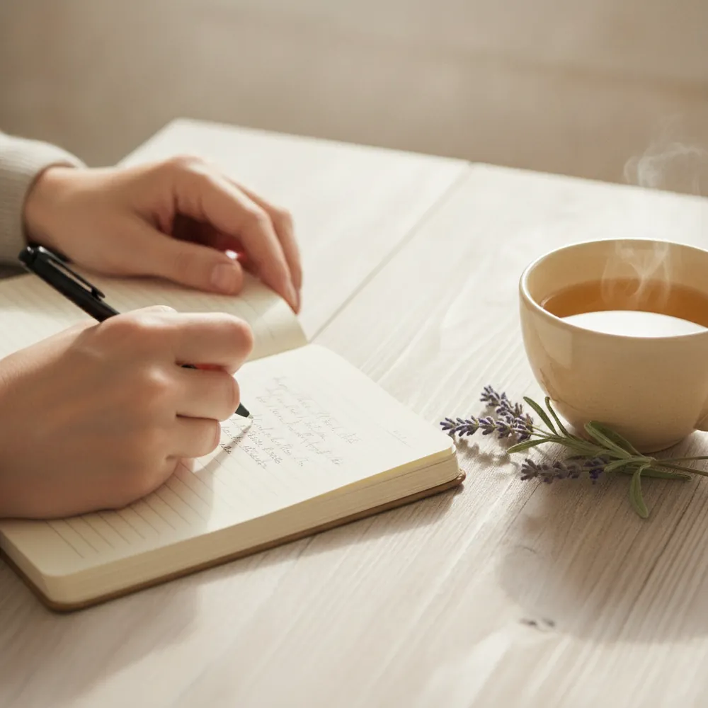Manos escribiendo en un cuaderno junto a una taza de té y lavanda