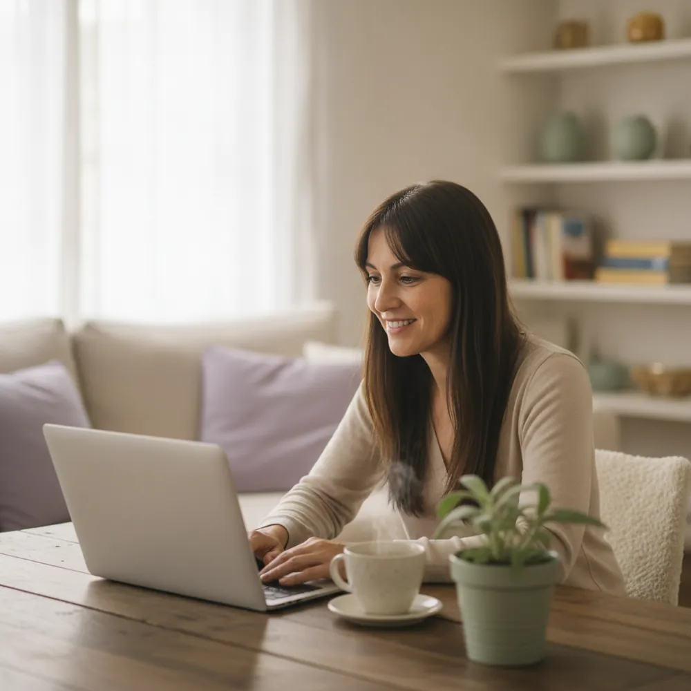 Mujer en una sesión online desde su casa, frente a la computadora
